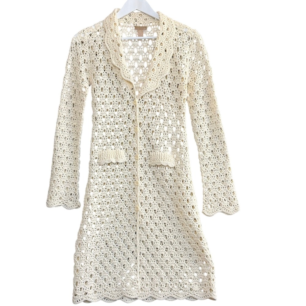 Crochet Longline Cardigan Women M‎ Cream Duster Scalloped Boho Cottagecore Layer